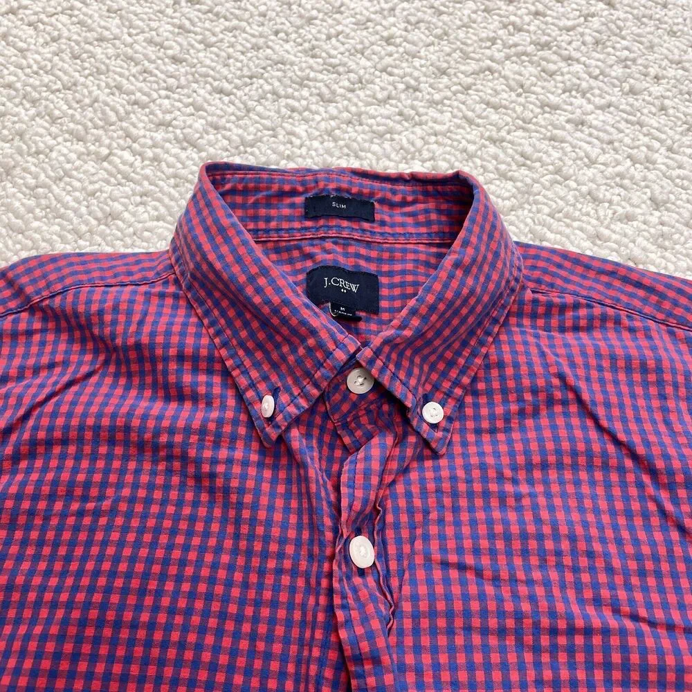 J.Crew Button Down Shirt Mens Medium Red Blue Plaid Slim Fit Long Sleeve Cotton